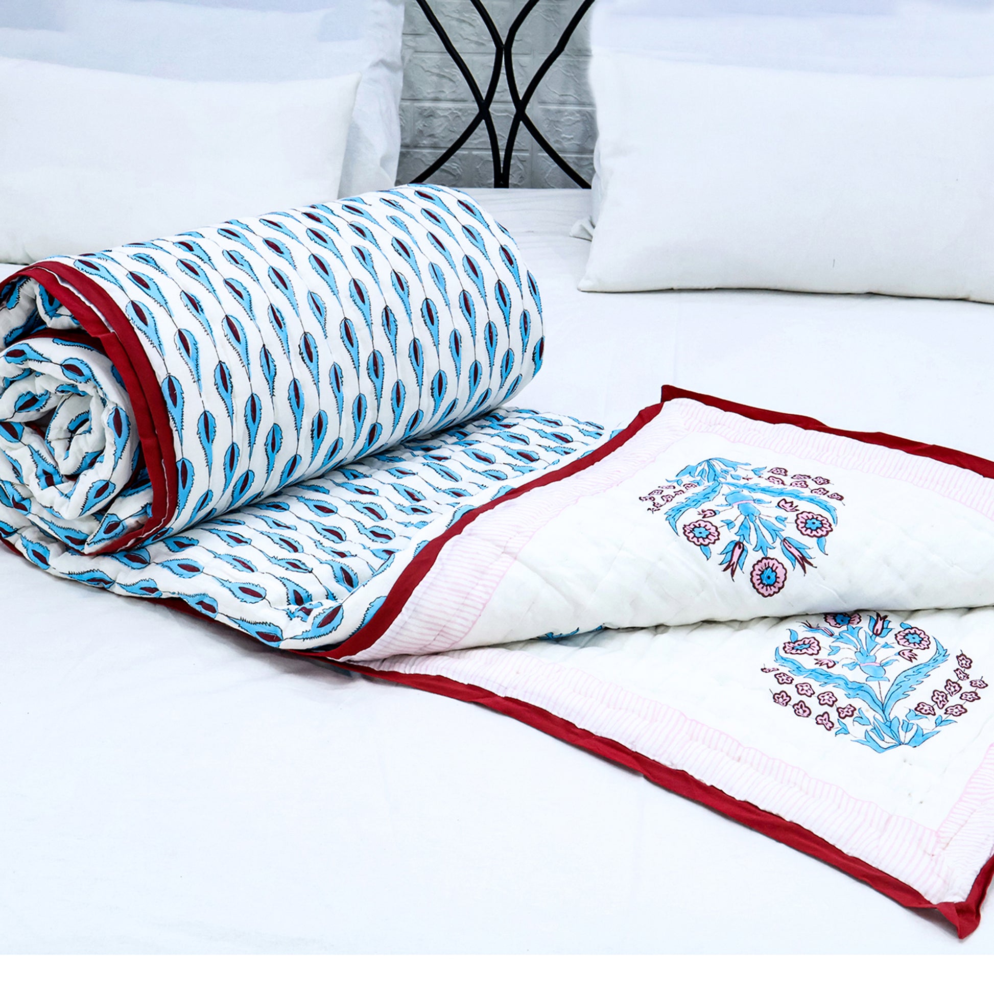 Blue and Marron Handmade Block Printed Quilts - My Store