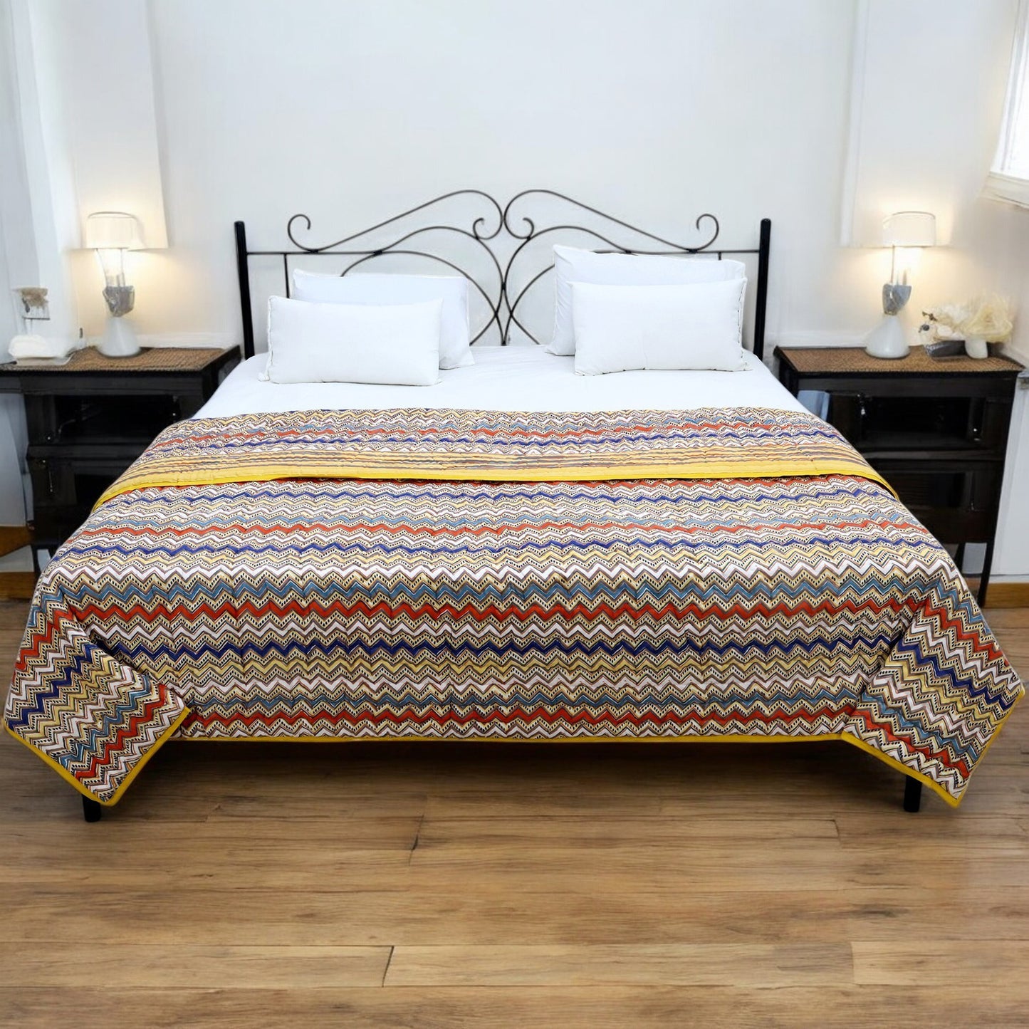 Yellow and Red Hand Block Printed Cotton Quilts - My Store