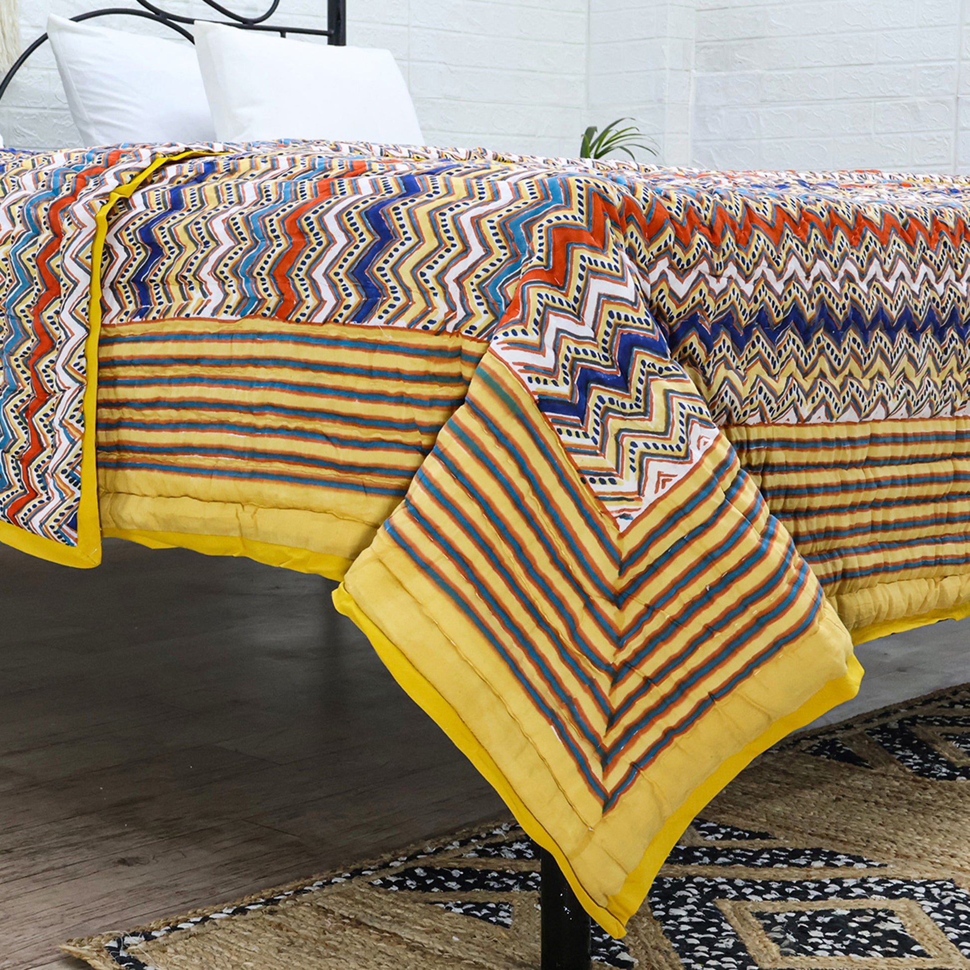 Yellow and Red Hand Block Printed Cotton Quilts - My Store