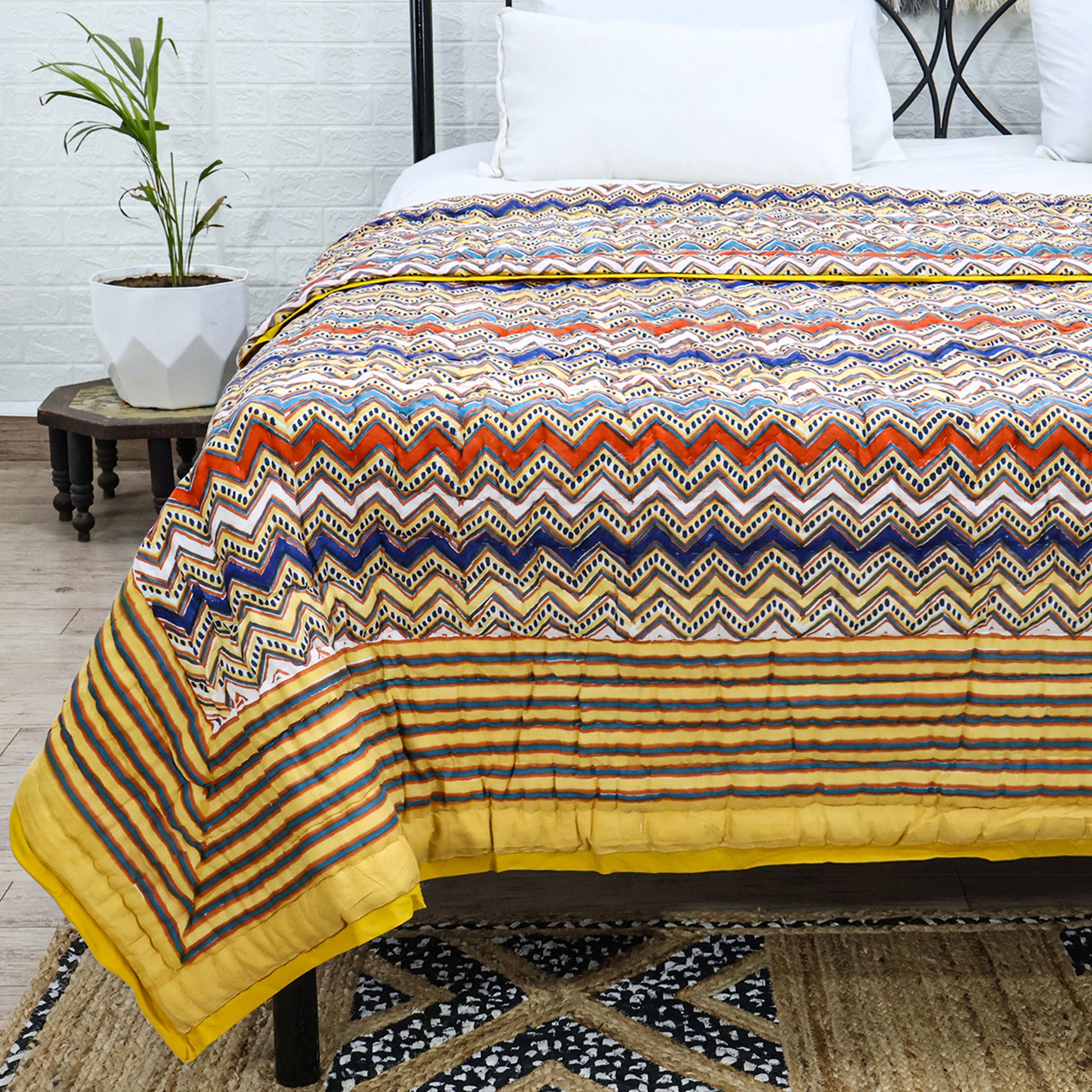 Yellow and Red Hand Block Printed Cotton Quilts - My Store