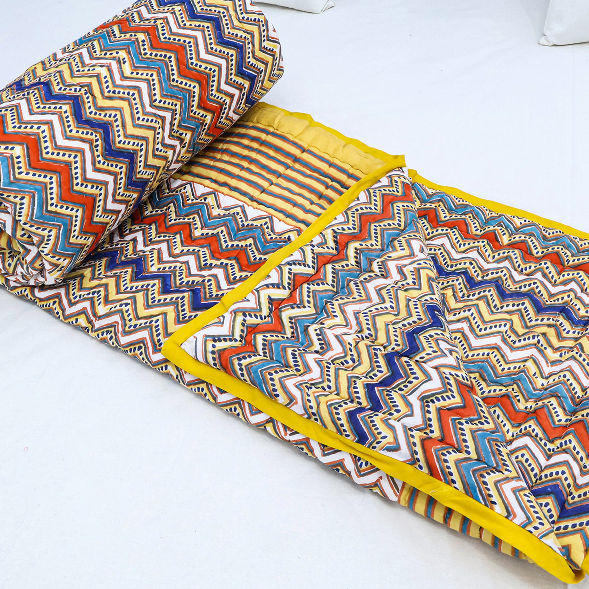 Yellow and Red Hand Block Printed Cotton Quilts - My Store