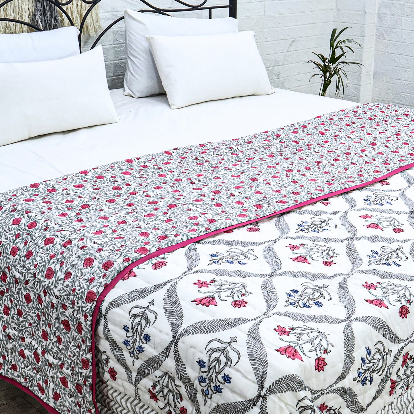 Pink and White Handmade Block Printed Cotton Quilts - My Store