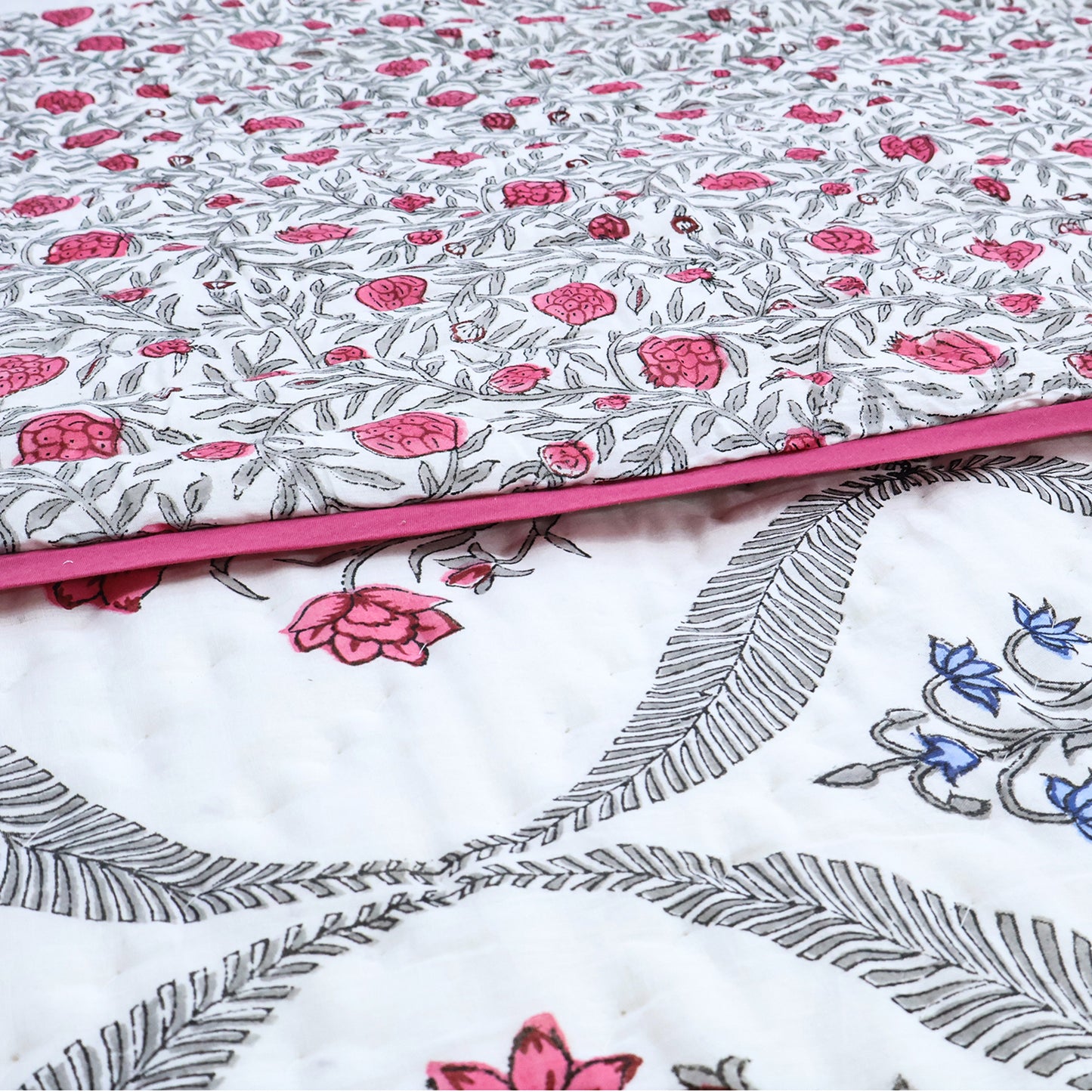 Pink and White Handmade Block Printed Cotton Quilts - My Store