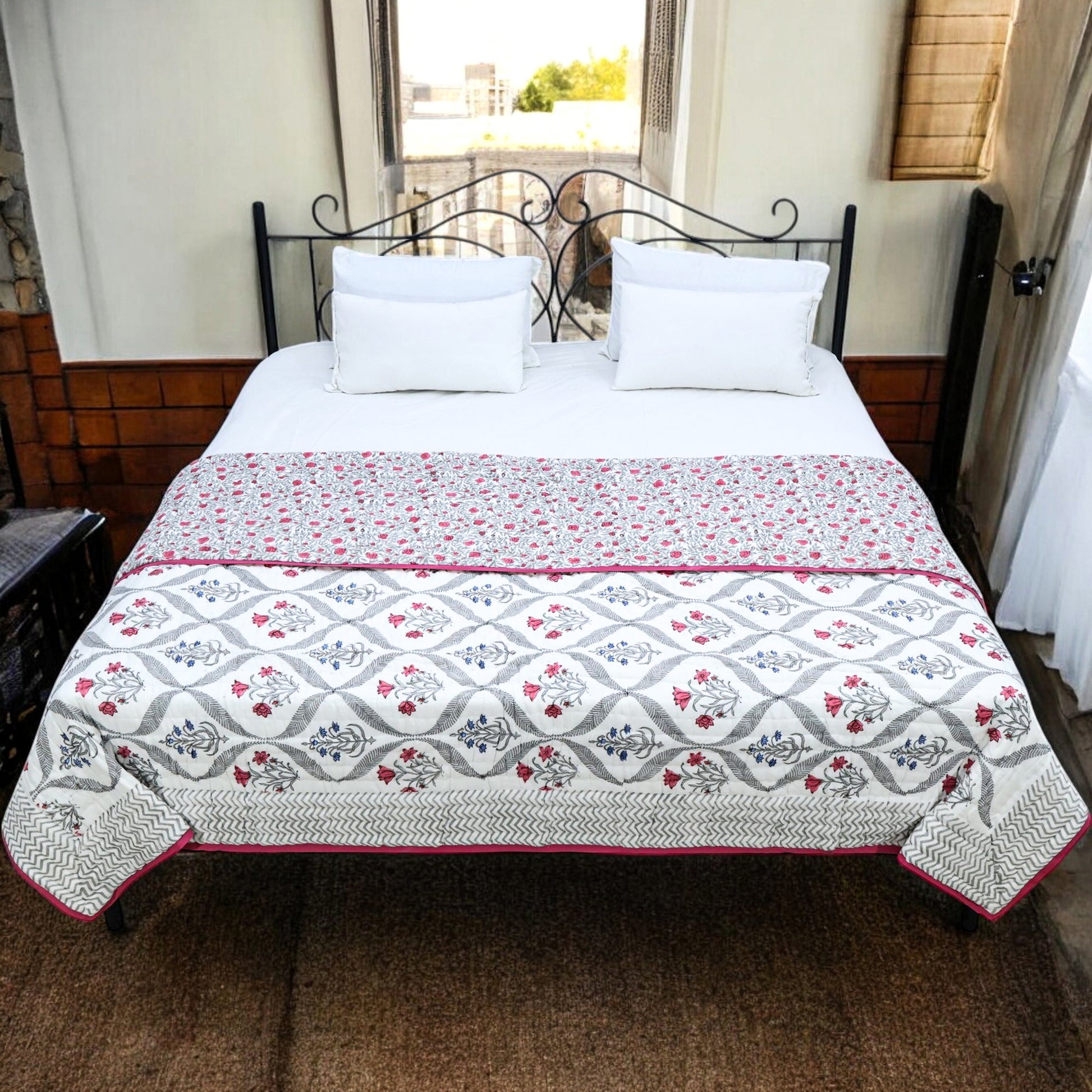 Pink and White Handmade Block Printed Cotton Quilts - My Store