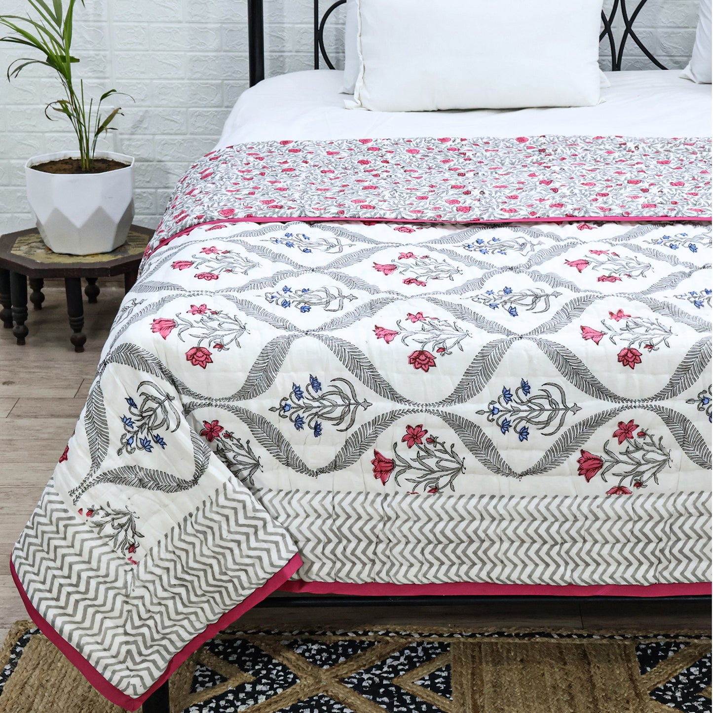 Pink and White Handmade Block Printed Cotton Quilts - My Store