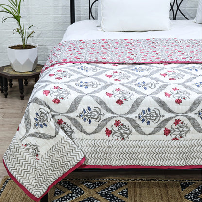 Pink and White Handmade Block Printed Cotton Quilts - My Store