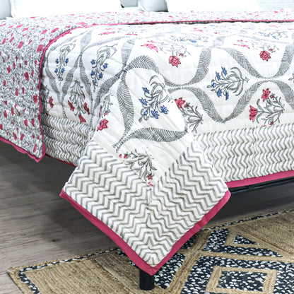 Pink and White Handmade Block Printed Cotton Quilts - My Store