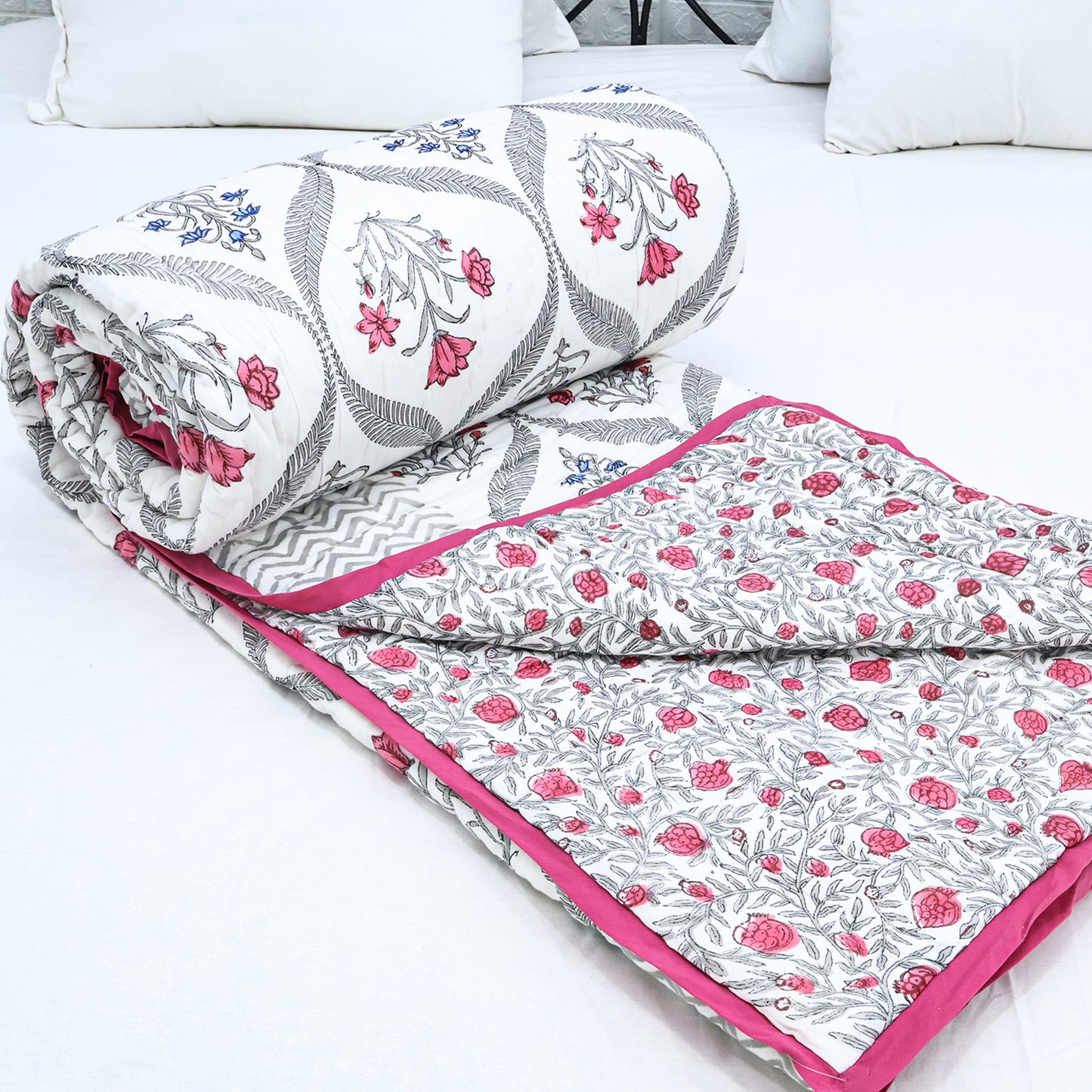 Pink and White Handmade Block Printed Cotton Quilts - My Store