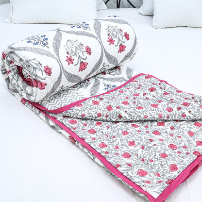 Pink and White Handmade Block Printed Cotton Quilts - My Store
