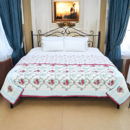 Red And Green Block Printed Cotton Quilts - My Store