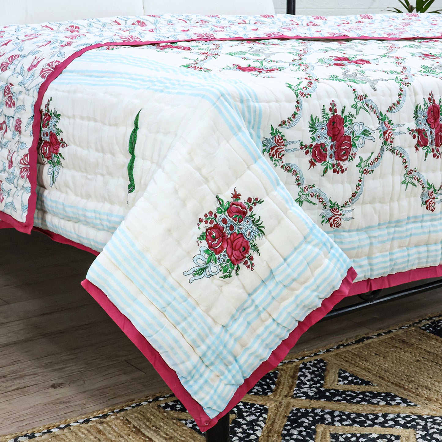 Red And Green Block Printed Cotton Quilts - My Store