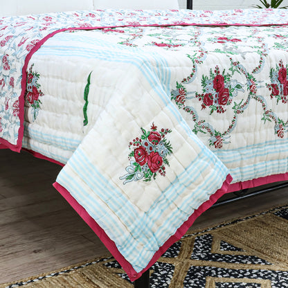 Red And Green Block Printed Cotton Quilts - My Store