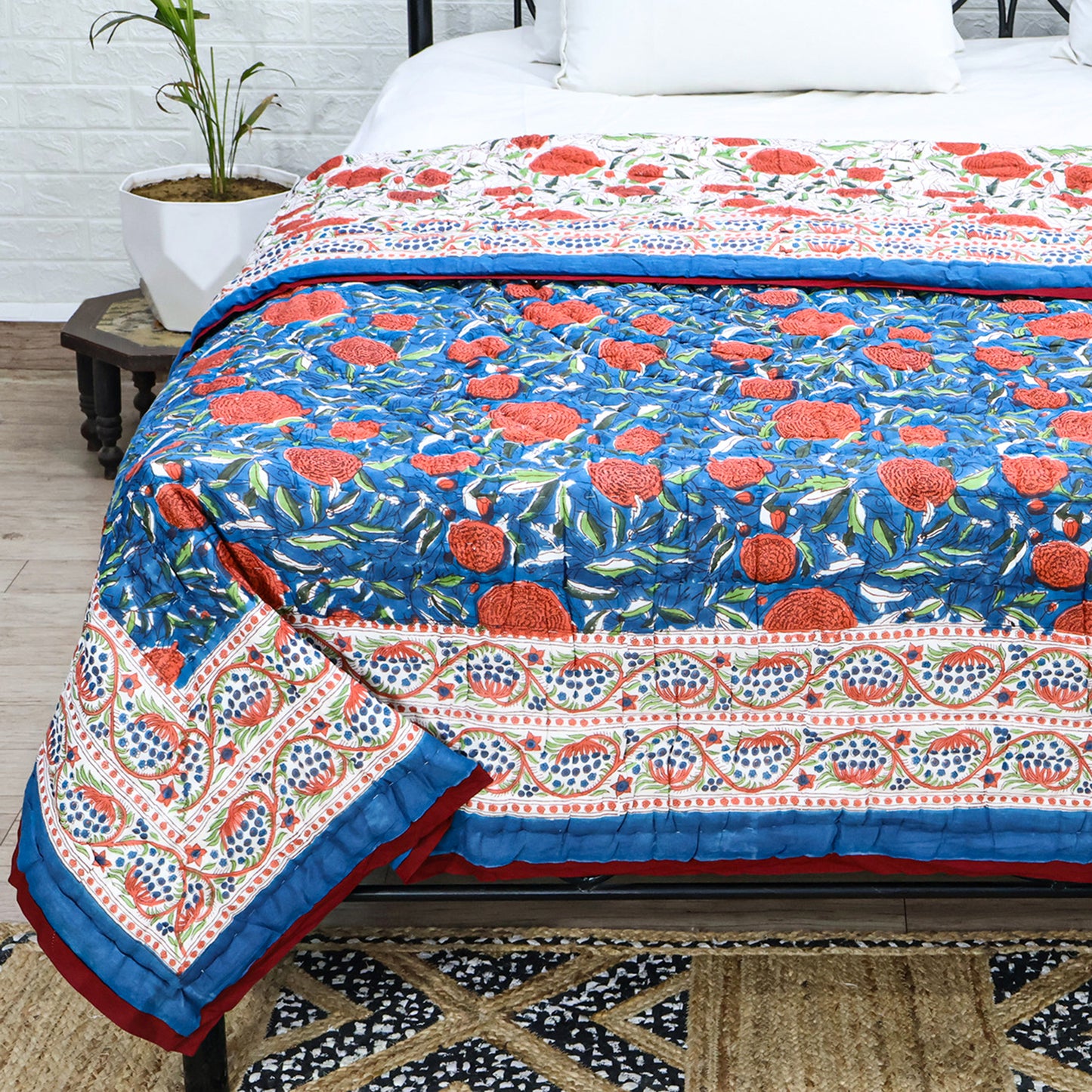 Red And Blue Handmade Block Printed Cotton Quilts - My Store