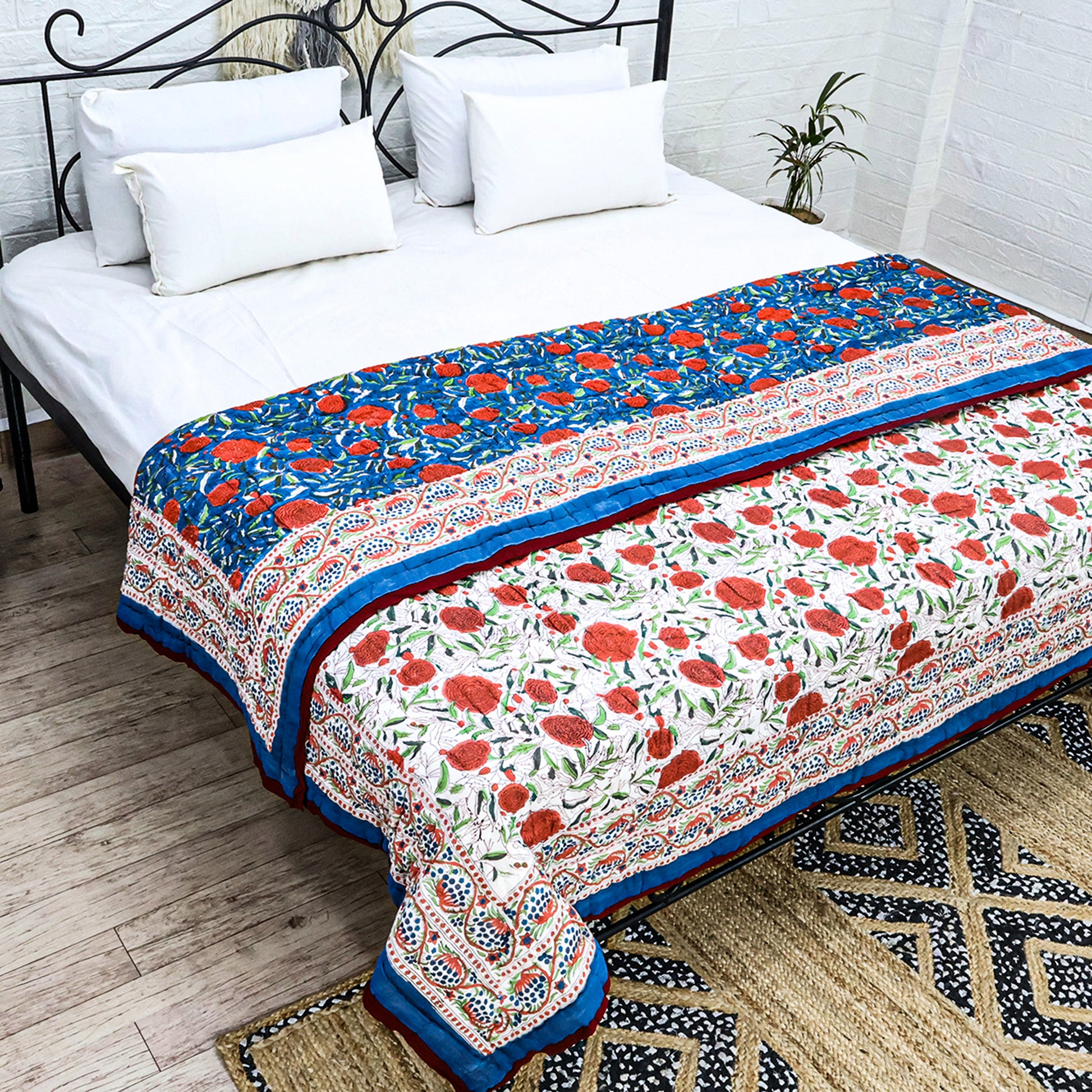 Red And Blue Handmade Block Printed Cotton Quilts - My Store