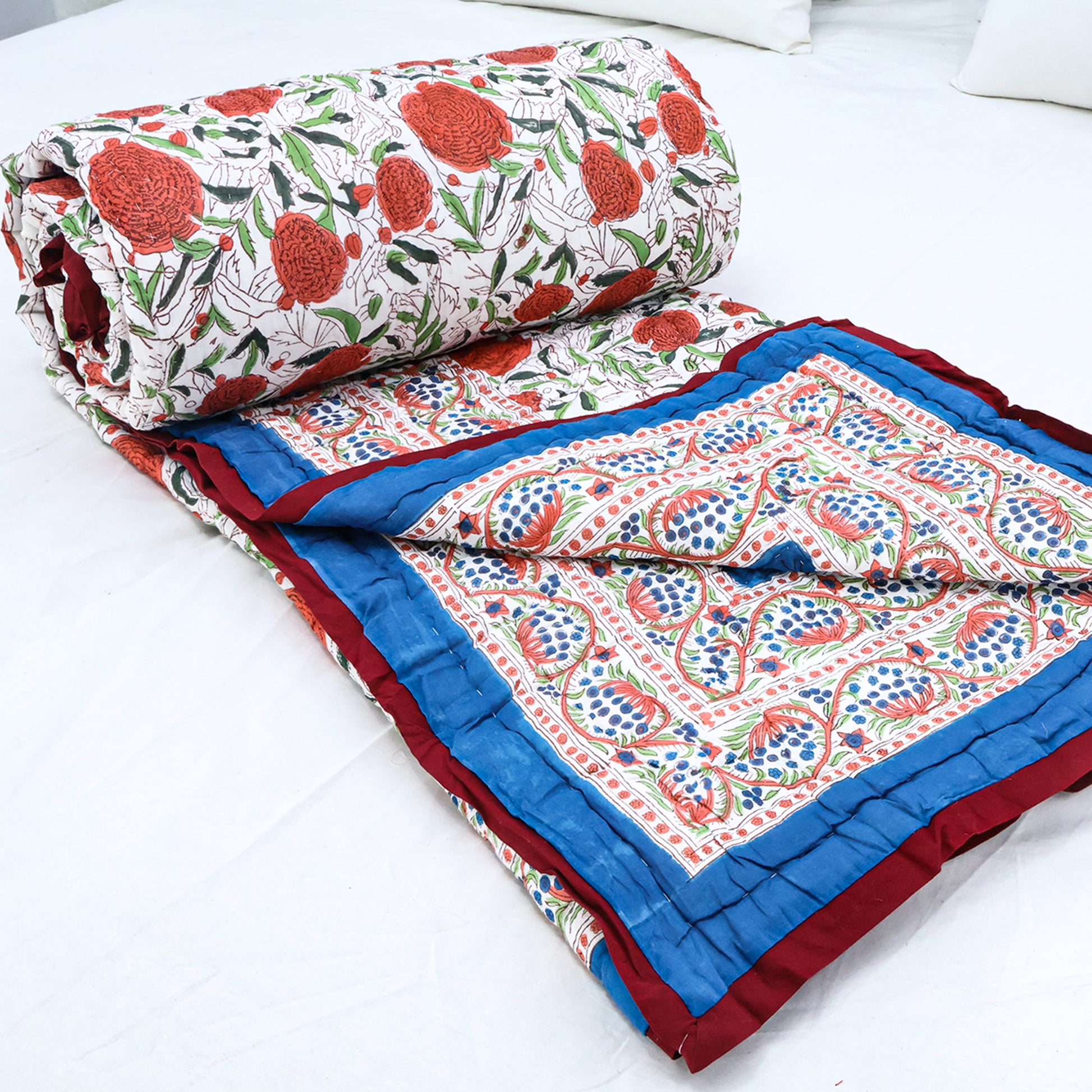 Red And Blue Handmade Block Printed Cotton Quilts - My Store