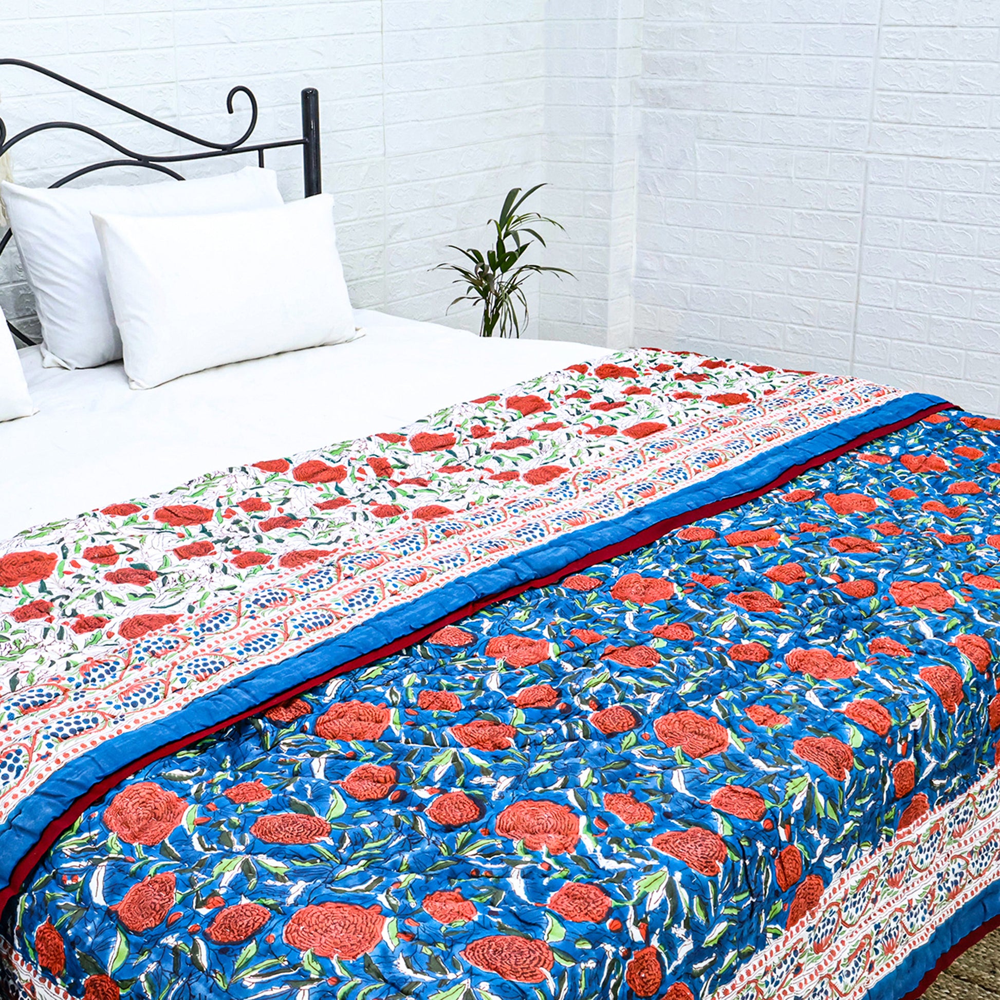 Red And Blue Handmade Block Printed Cotton Quilts - My Store