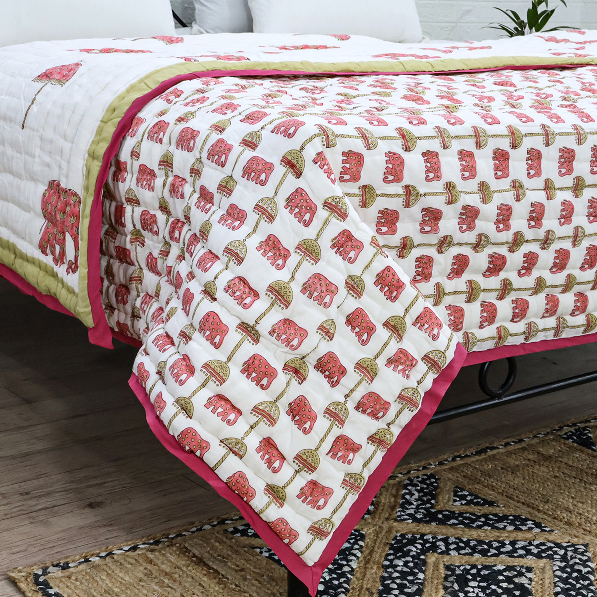 Pink And White Hand Block Printed Cotton Quilts - My Store
