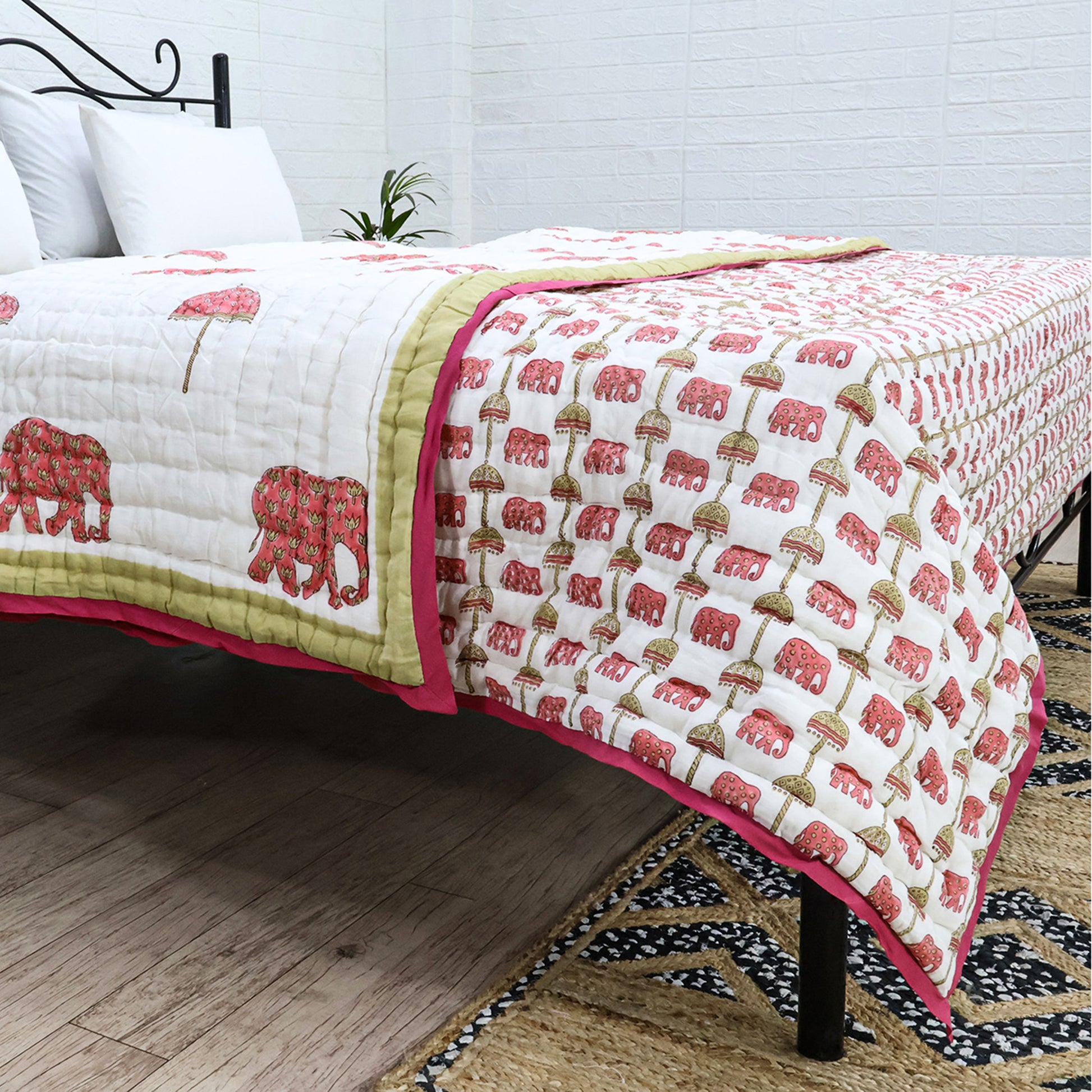 Pink And White Hand Block Printed Cotton Quilts - My Store