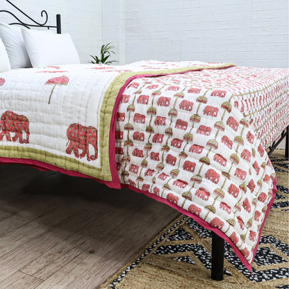 Pink And White Hand Block Printed Cotton Quilts - My Store