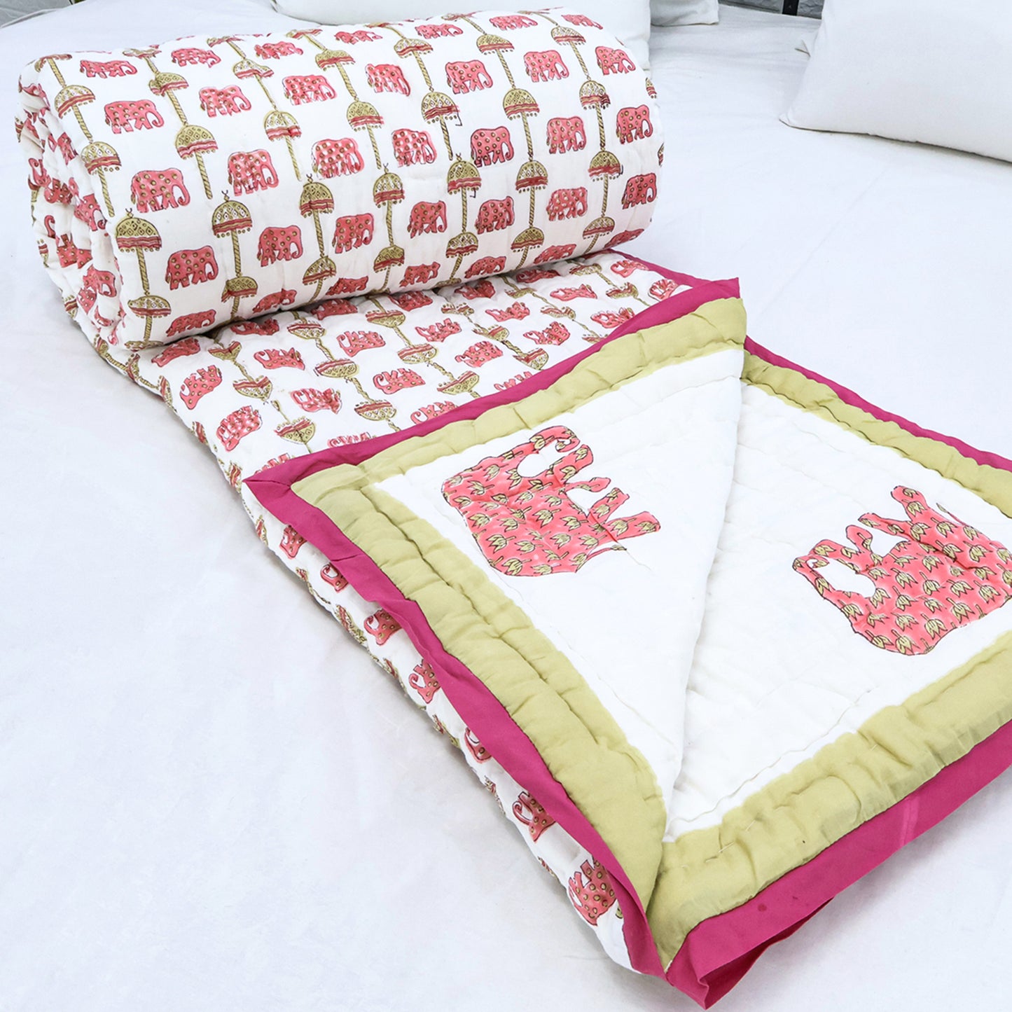 Pink And White Hand Block Printed Cotton Quilts - My Store