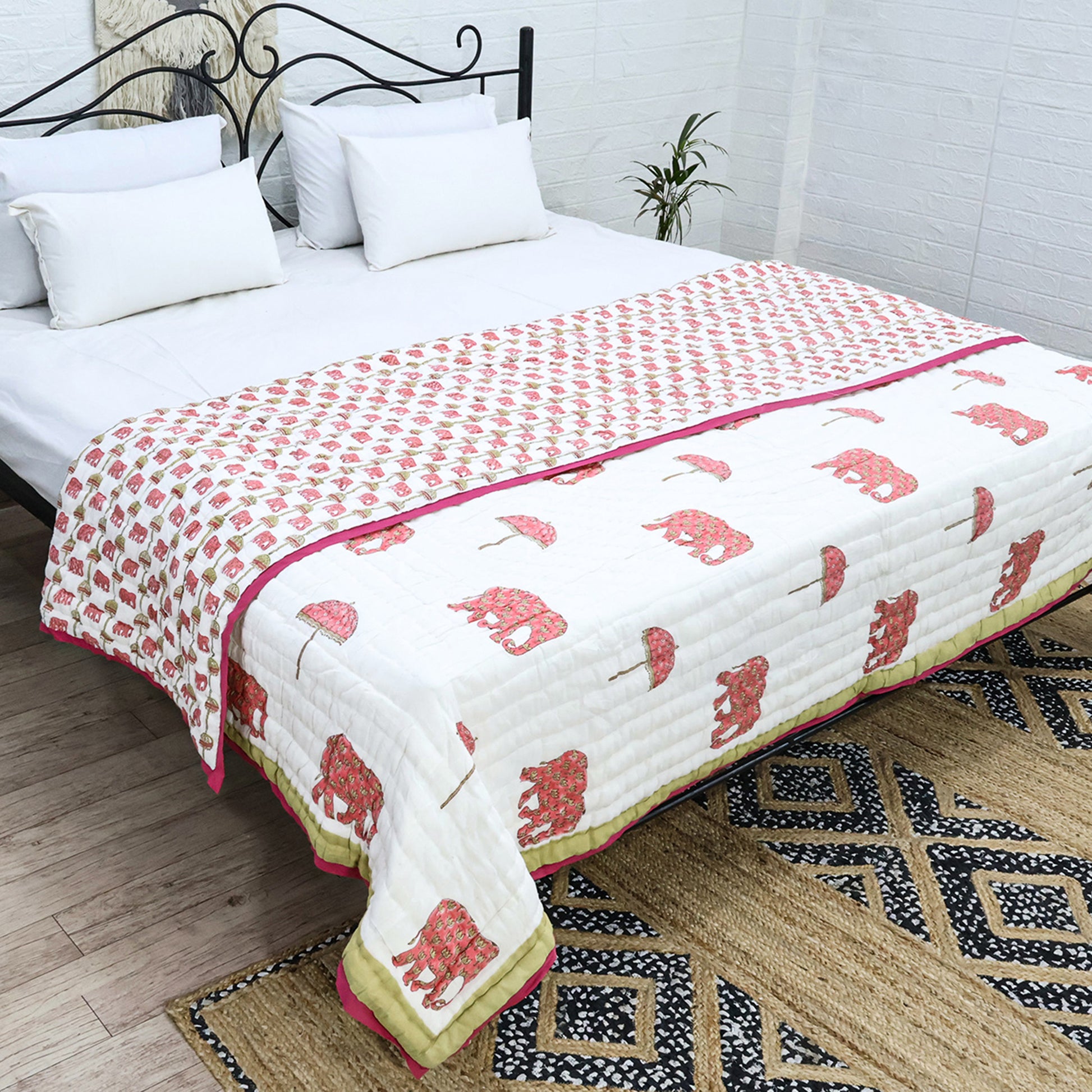 Pink And White Hand Block Printed Cotton Quilts - My Store