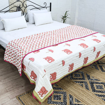 Pink And White Hand Block Printed Cotton Quilts - My Store