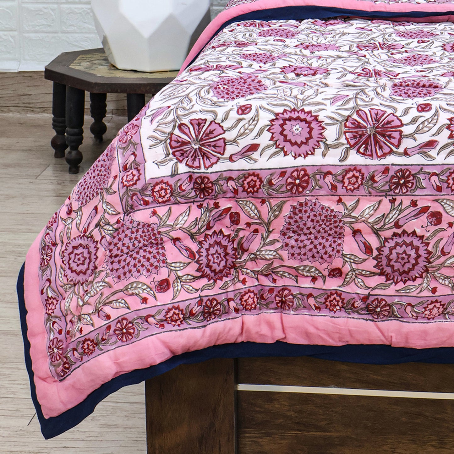 Pink and White Hand Block Printed Cotton - My Store