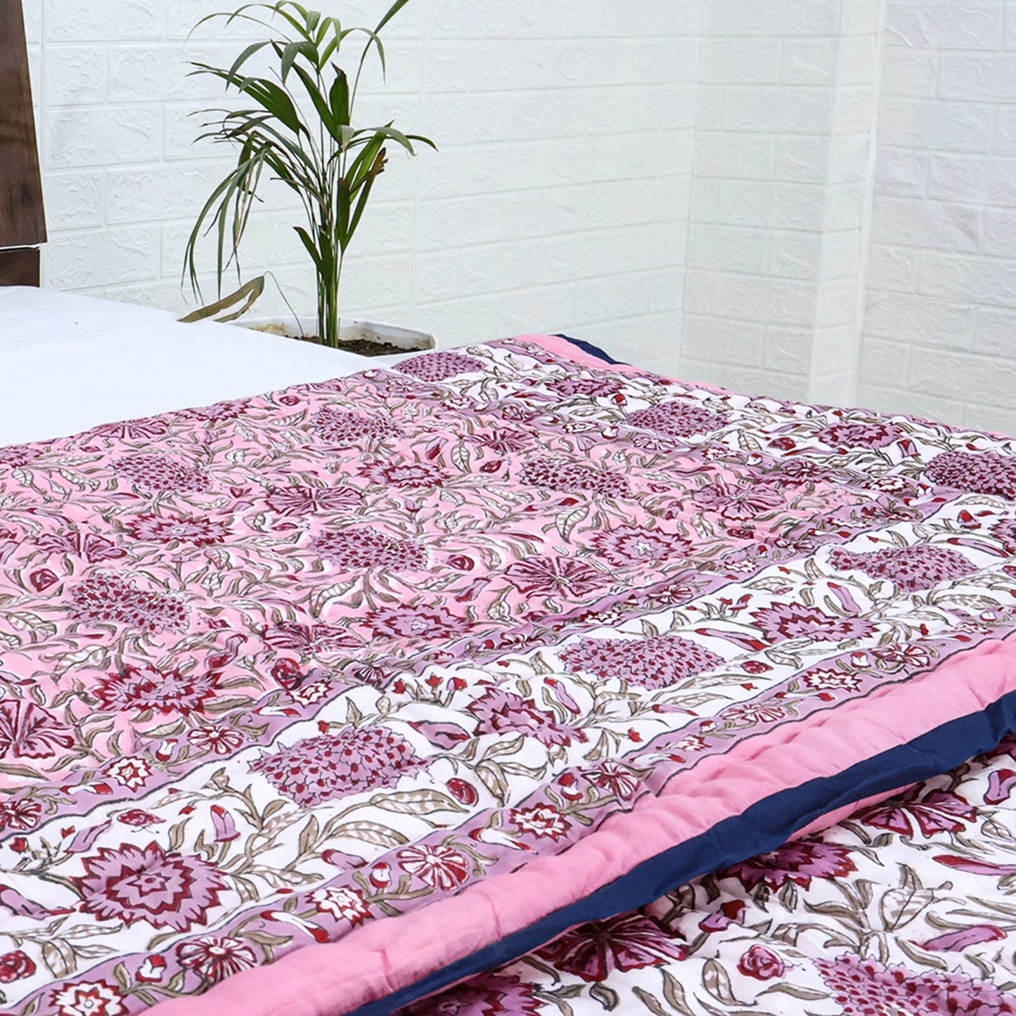 Pink and White Hand Block Printed Cotton - My Store