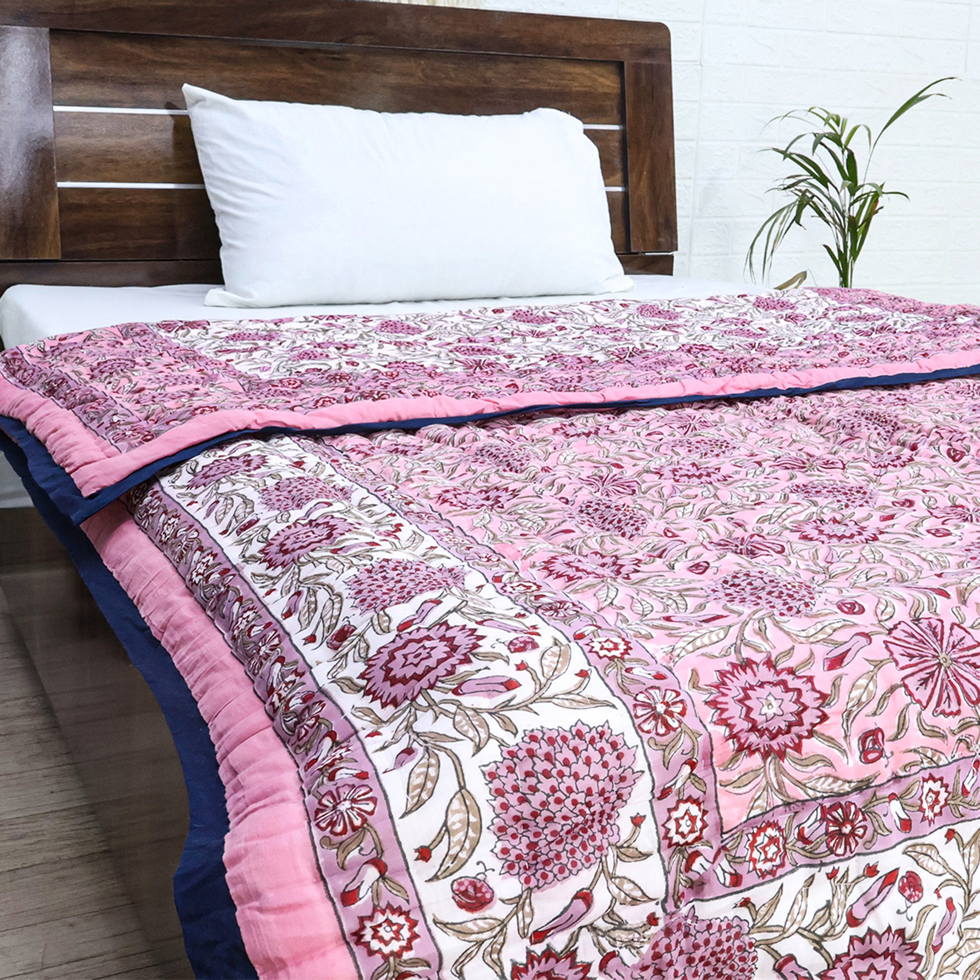 Pink and White Hand Block Printed Cotton - My Store