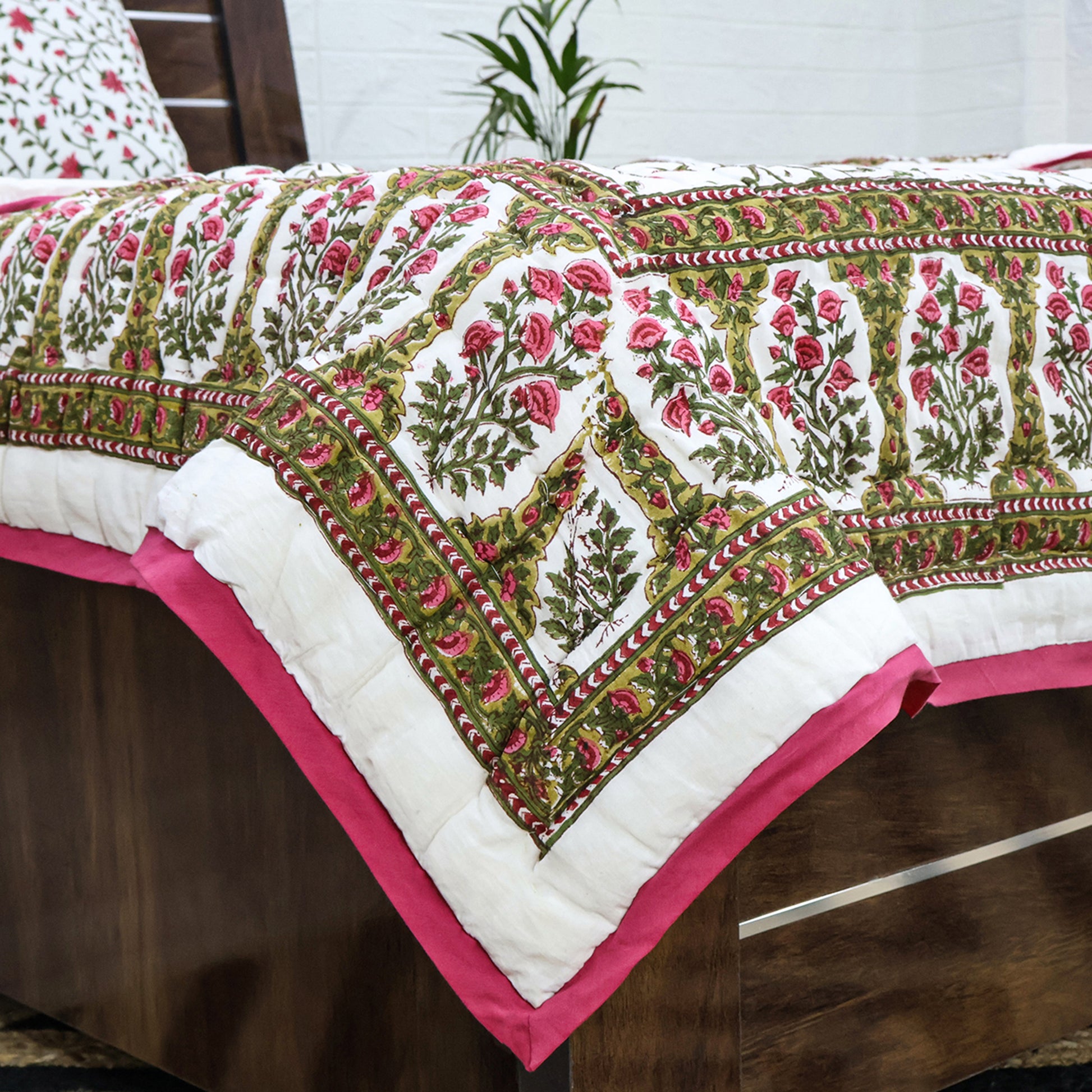 Pink With Green Handmade Block Printed Cotton Quilts - My Store