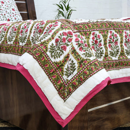 Pink With Green Handmade Block Printed Cotton Quilts - My Store