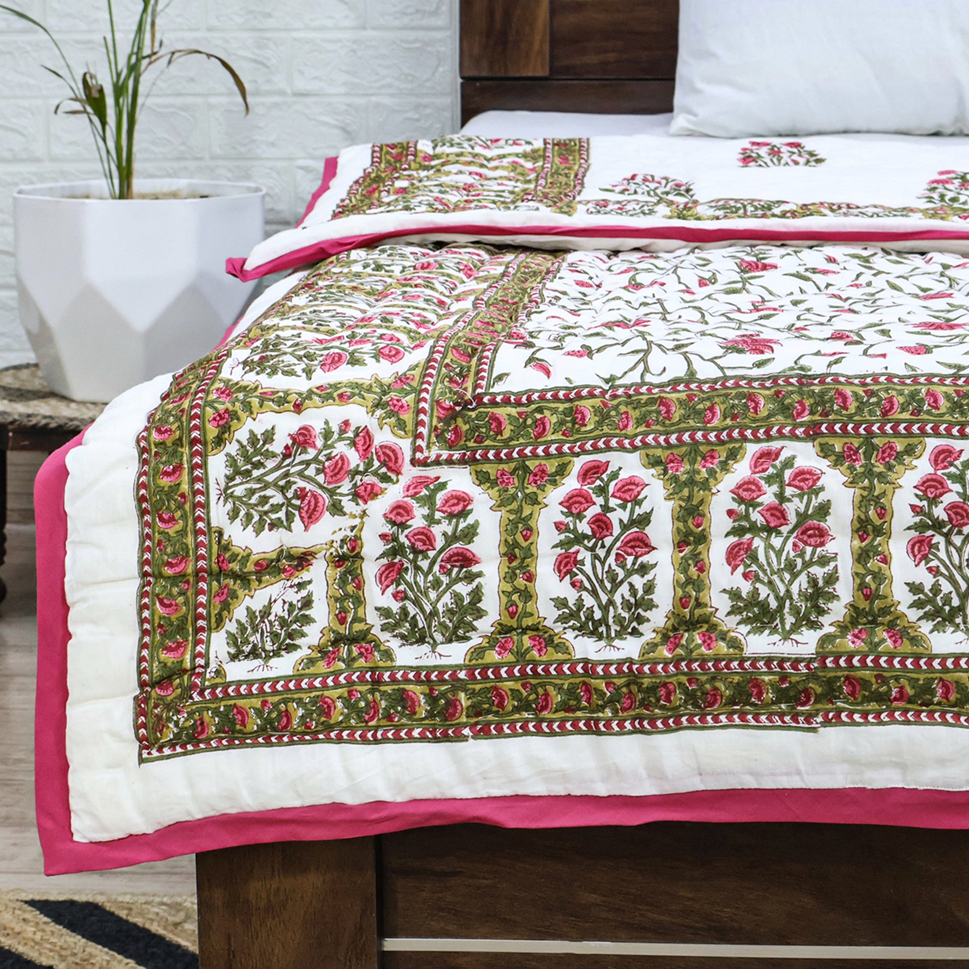 Pink With Green Handmade Block Printed Cotton Quilts - My Store