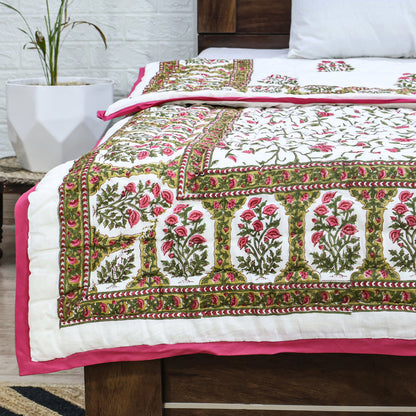 Pink With Green Handmade Block Printed Cotton Quilts - My Store