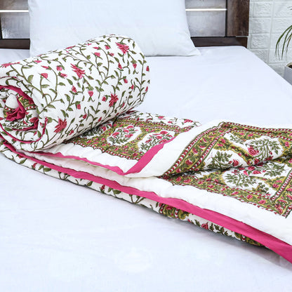 Pink With Green Handmade Block Printed Cotton Quilts - My Store