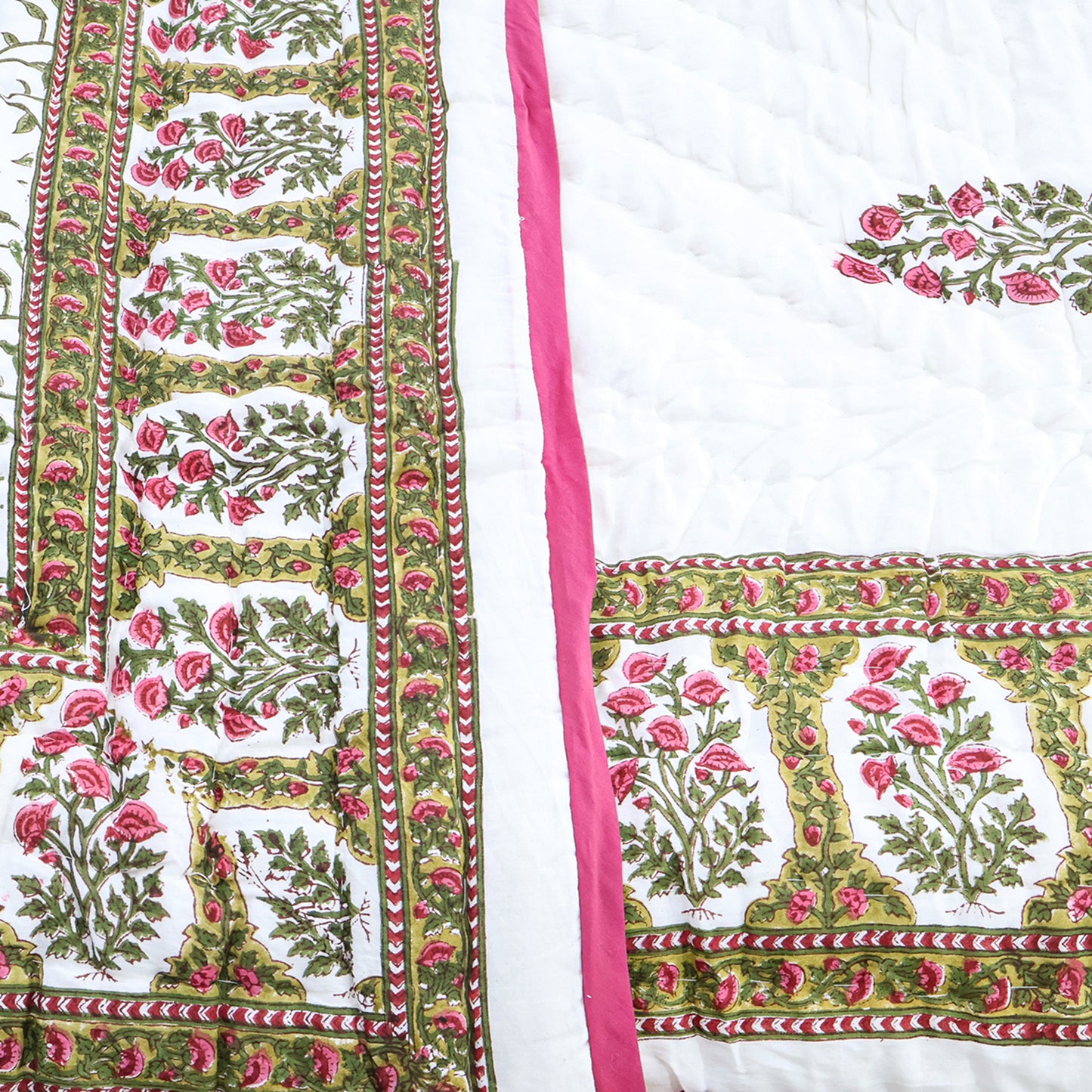Pink With Green Handmade Block Printed Cotton Quilts - My Store