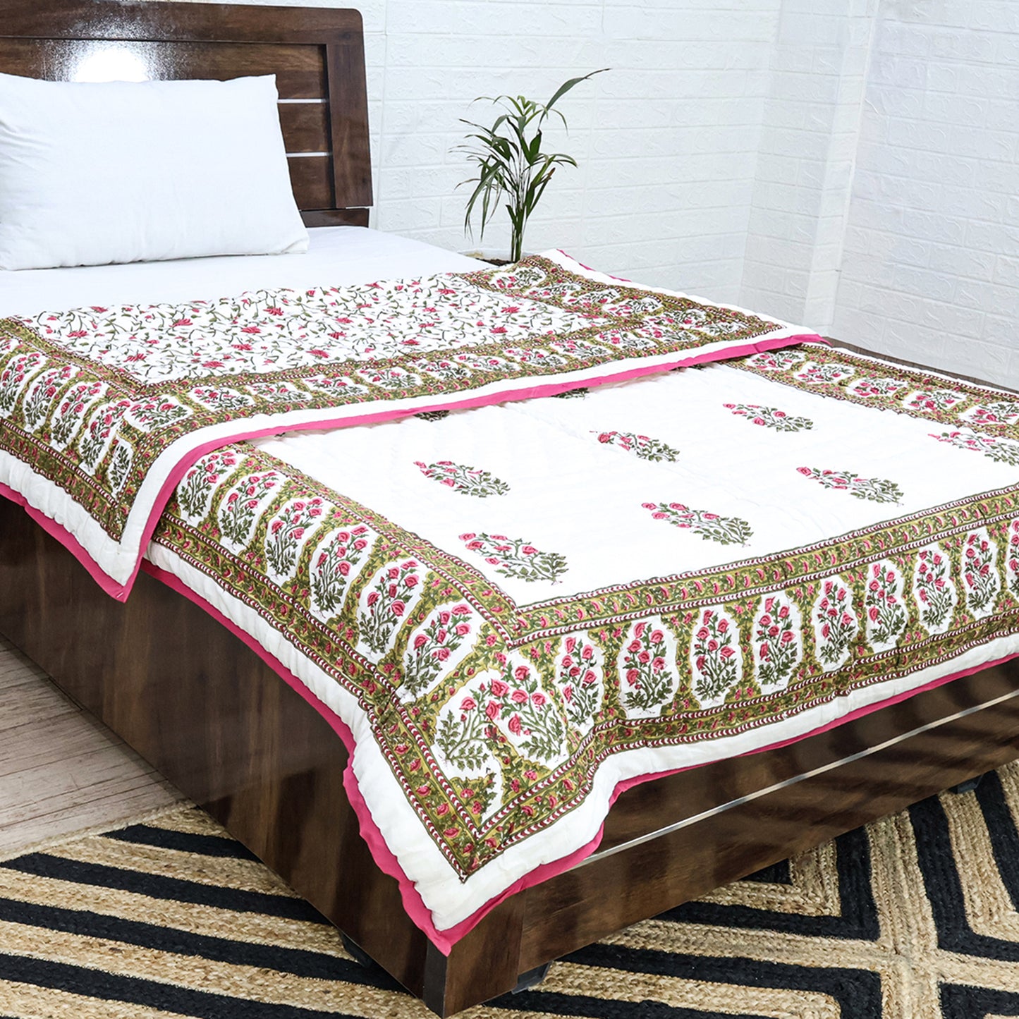 Pink With Green Handmade Block Printed Cotton Quilts - My Store