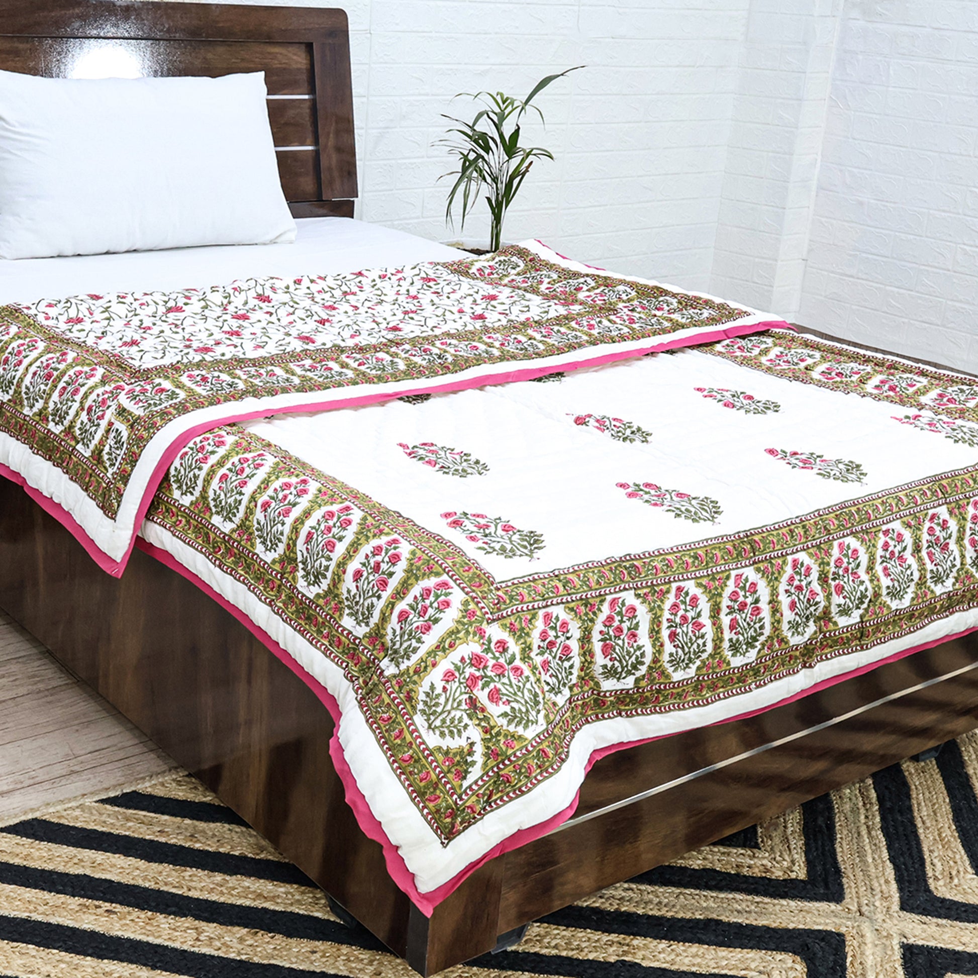 Pink With Green Handmade Block Printed Cotton Quilts - My Store