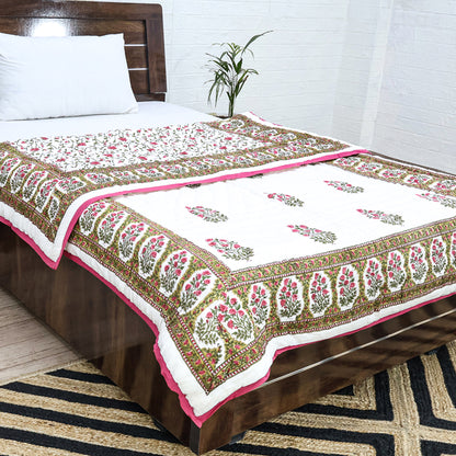 Pink With Green Handmade Block Printed Cotton Quilts - My Store