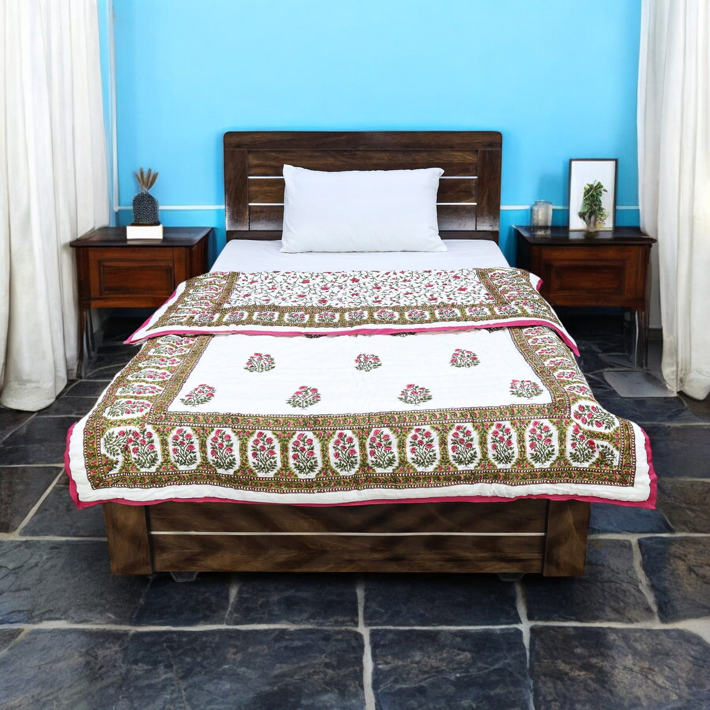 Pink With Green Handmade Block Printed Cotton Quilts - My Store