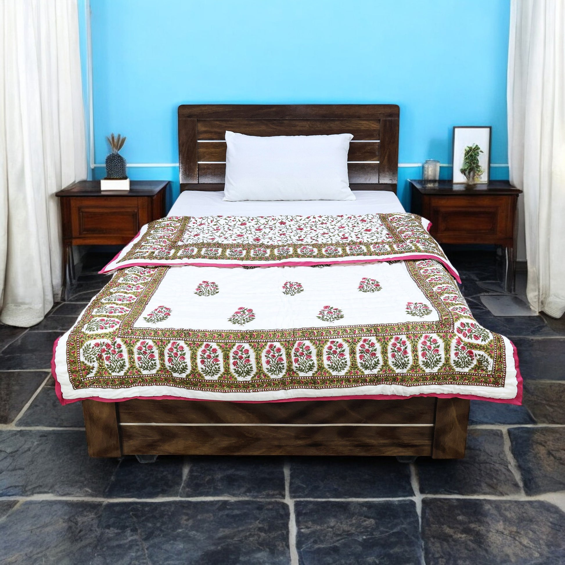 Pink With Green Handmade Block Printed Cotton Quilts - My Store