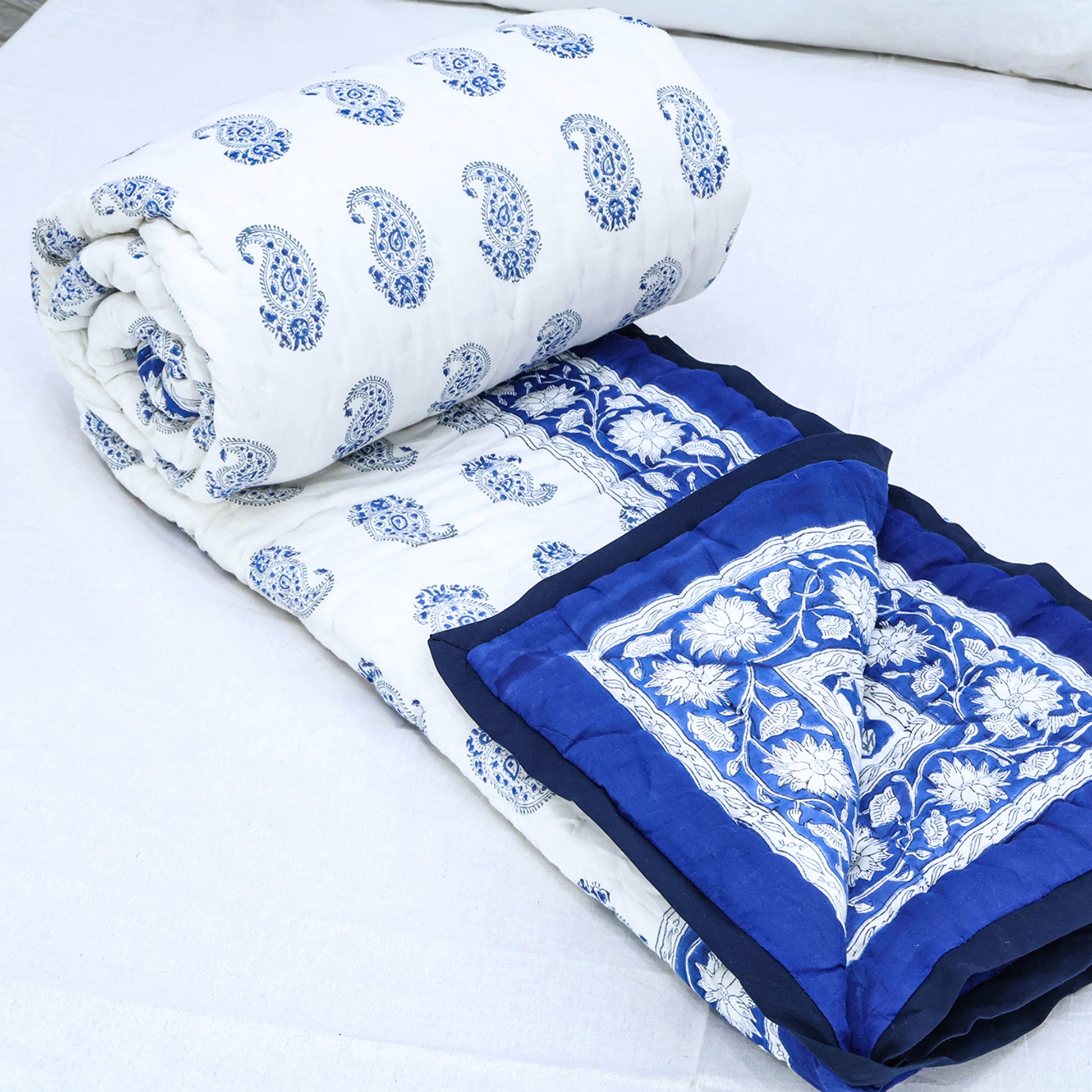 Blue and White Reversible Cotton Quilts - My Store