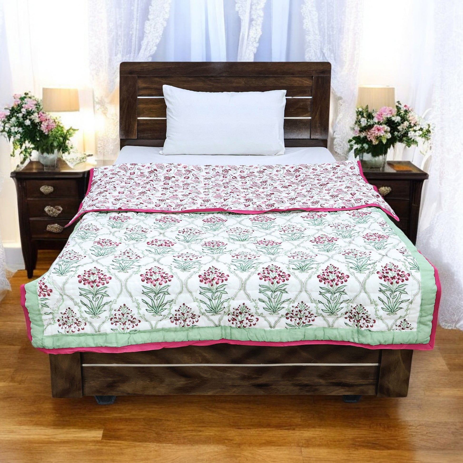 Green And Pink Hand Block Printed Cotton Quilts - My Store