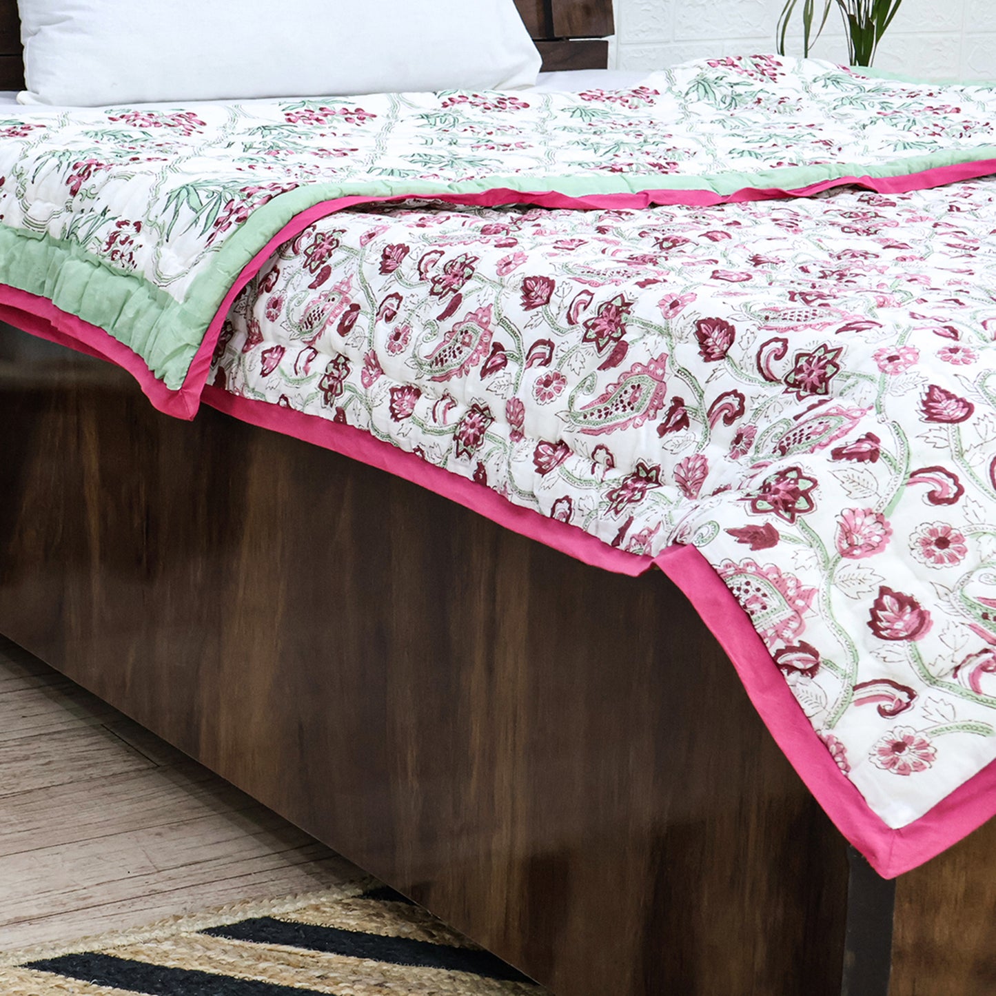 Green And Pink Hand Block Printed Cotton Quilts - My Store