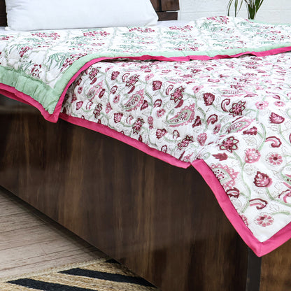 Green And Pink Hand Block Printed Cotton Quilts - My Store