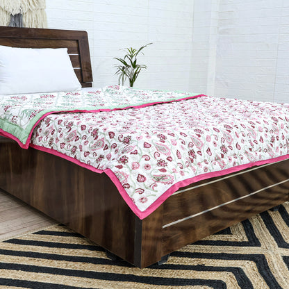 Green And Pink Hand Block Printed Cotton Quilts - My Store