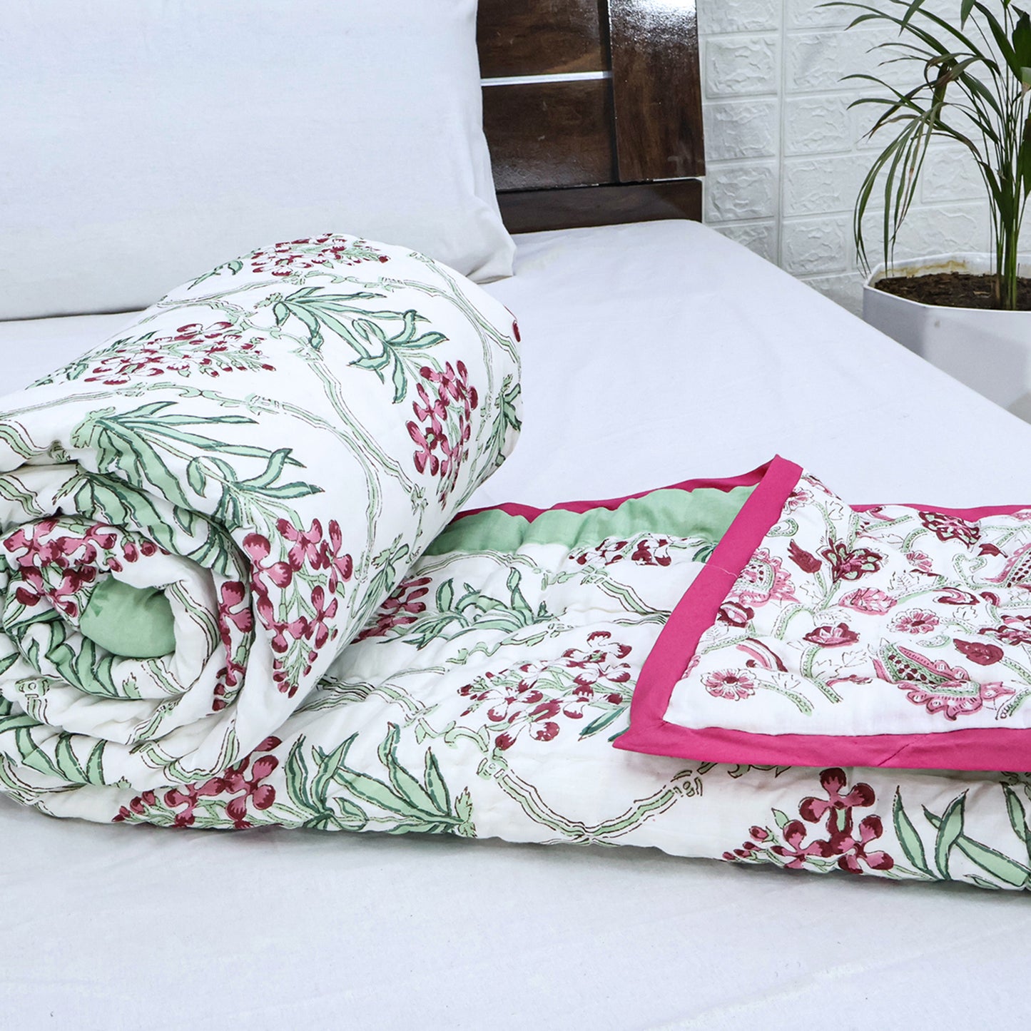 Green And Pink Hand Block Printed Cotton Quilts - My Store