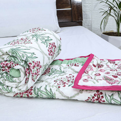 Green And Pink Hand Block Printed Cotton Quilts - My Store