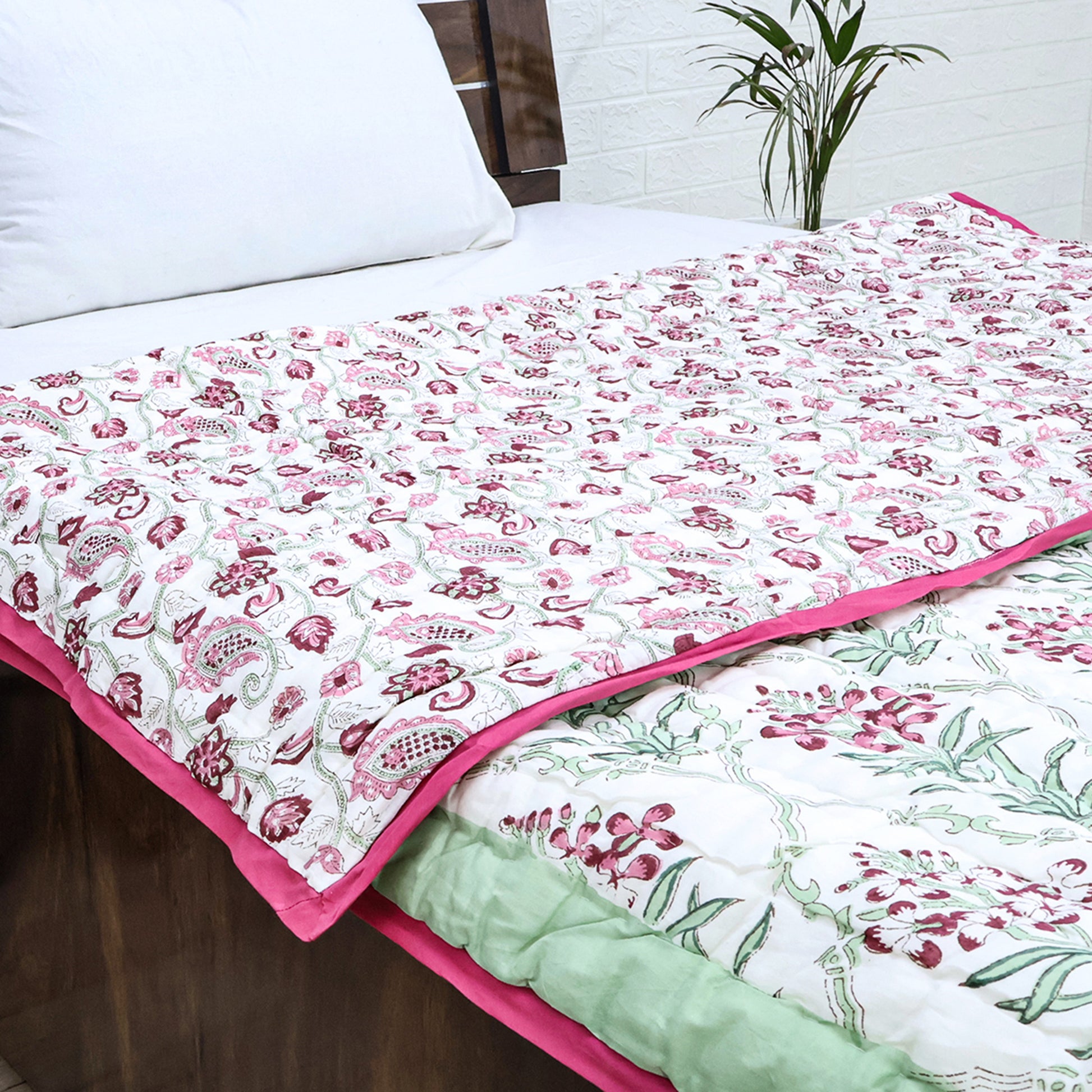 Green And Pink Hand Block Printed Cotton Quilts - My Store