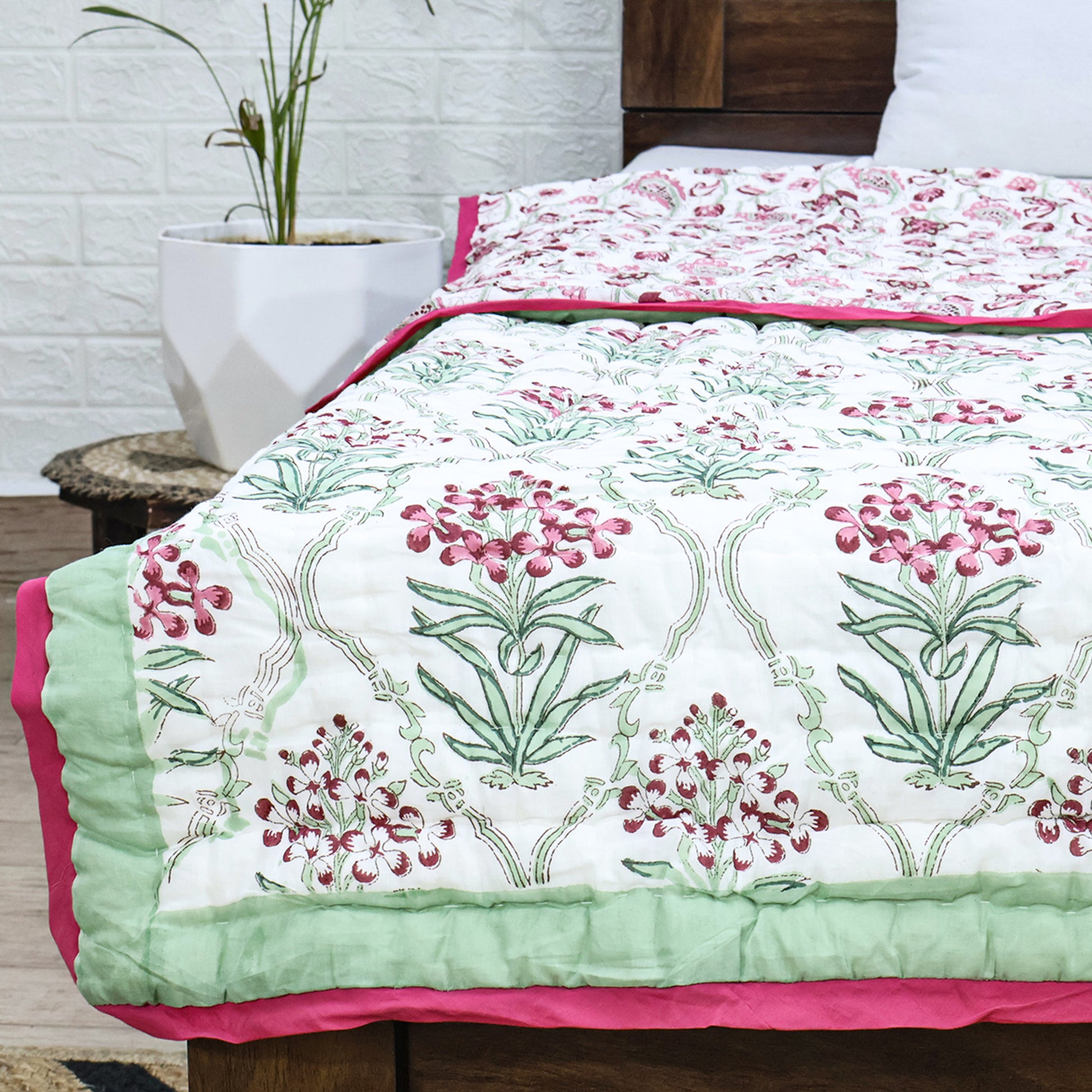 Green And Pink Hand Block Printed Cotton Quilts - My Store
