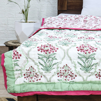 Green And Pink Hand Block Printed Cotton Quilts - My Store